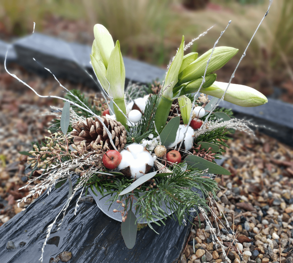 Composition pour Noël réalisé avec des amaryllis blancs, des branches de sapins, des fleurs de coton et des petites pommes